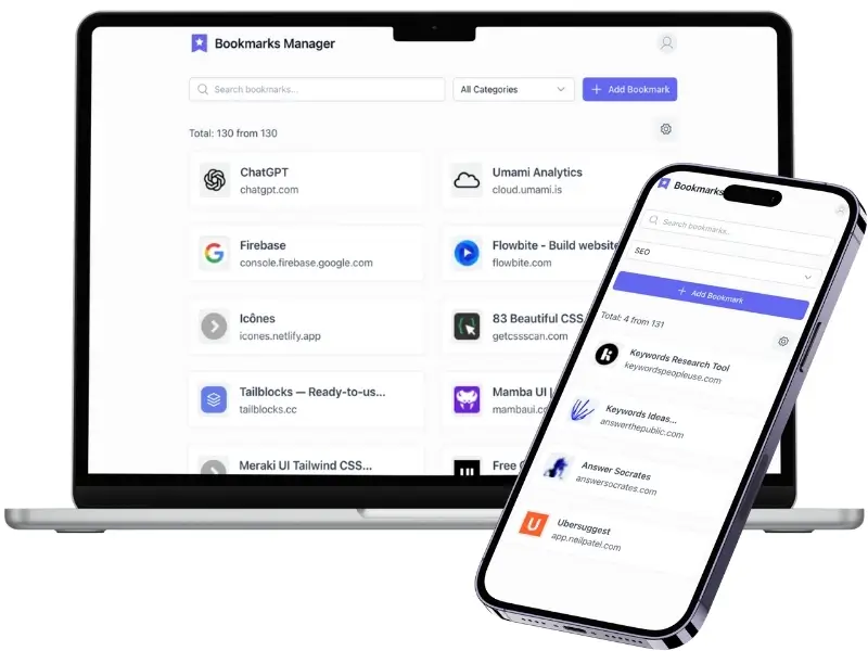 Bookmarks Manager accessible from any device - desktop, mobile, and tablet